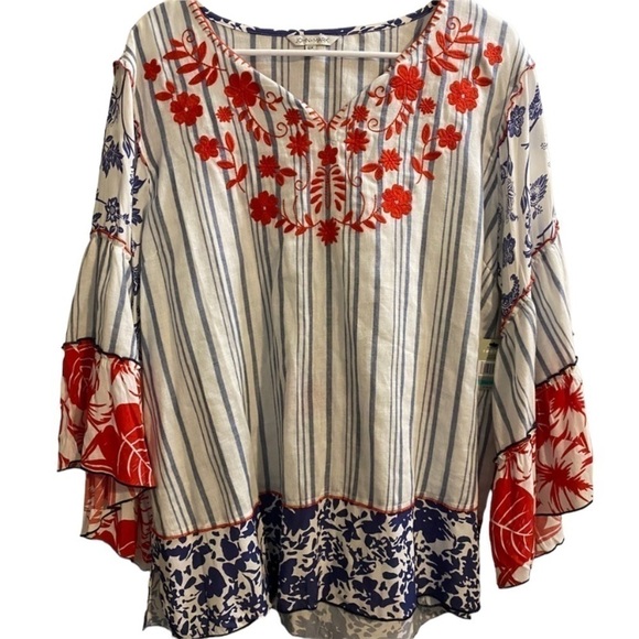 John Mark Tunic Size 0X Bell Ruffle 3/4 Sleeves Embroidered Striped Tas… - Picture 2 of 14